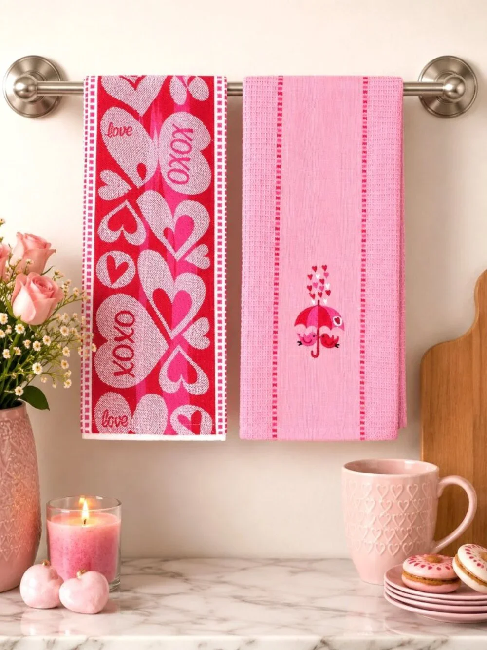 Kane Home Pink White Valentine Theme Kitchen Towel Set Two-Piece NWT